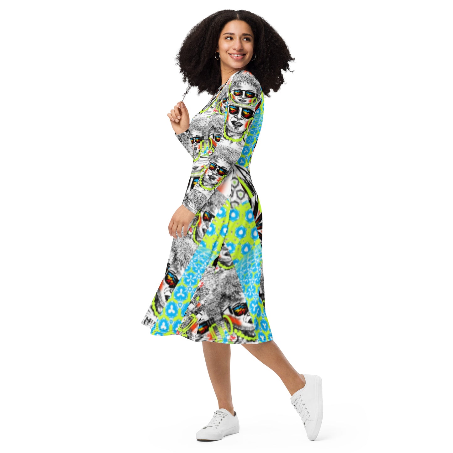 All-over print long sleeve midi dress