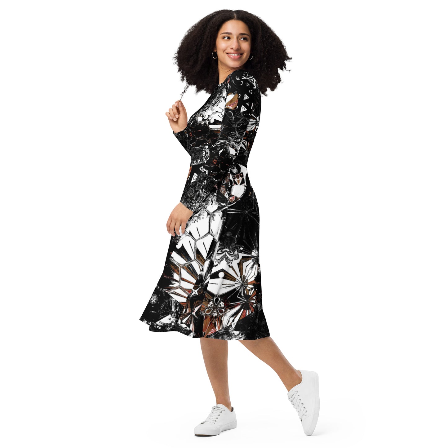 All-over print long sleeve midi dress