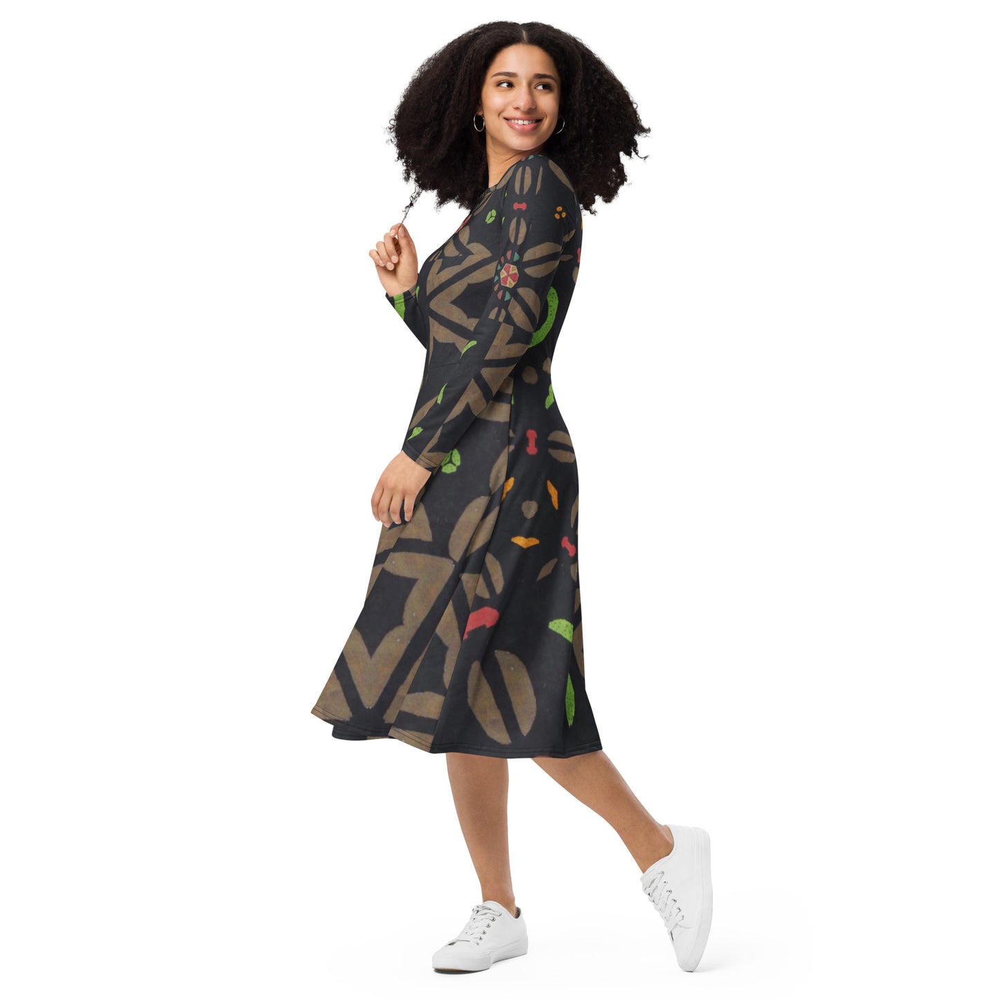 All-over print long sleeve midi dress