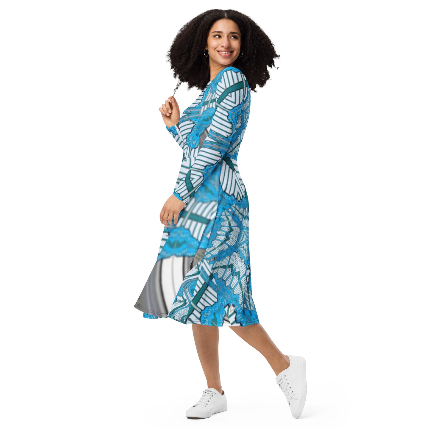 All-over print long sleeve midi dress