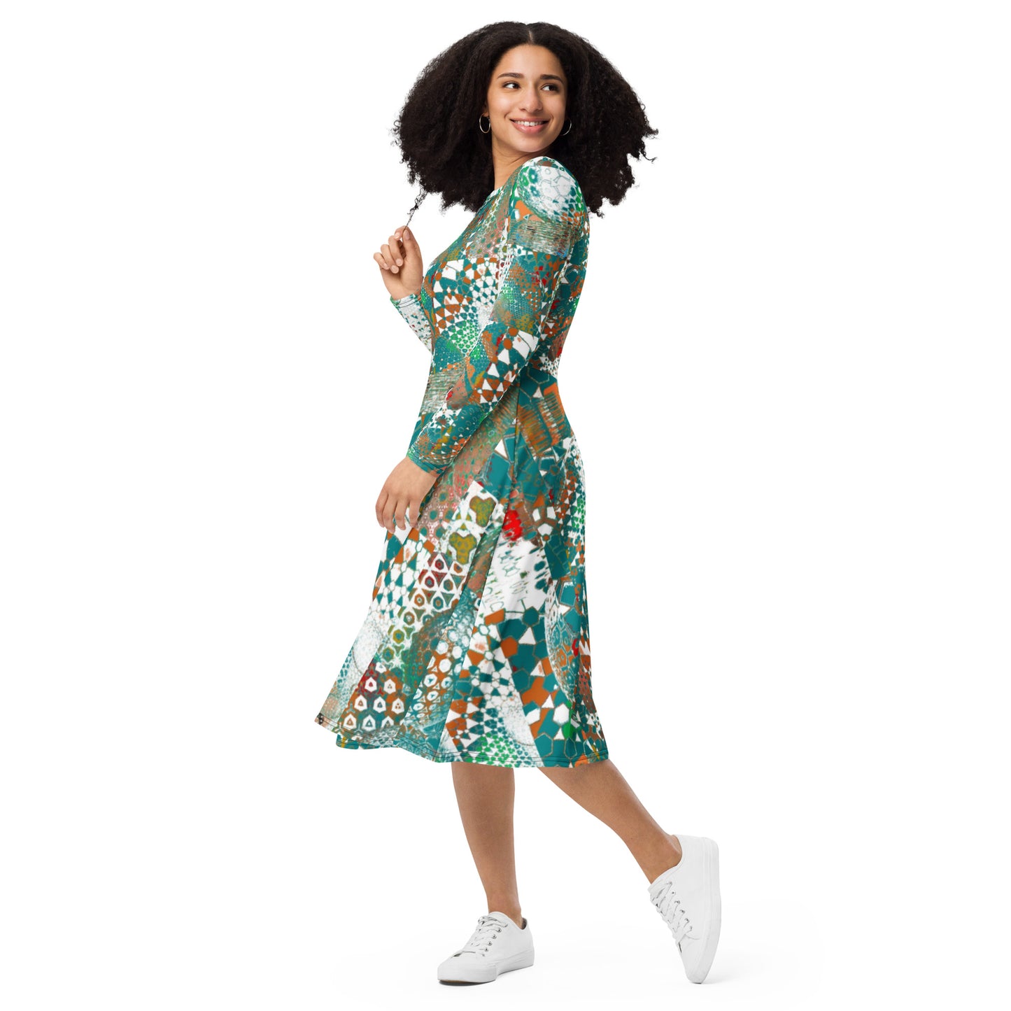 All-over print long sleeve midi dress