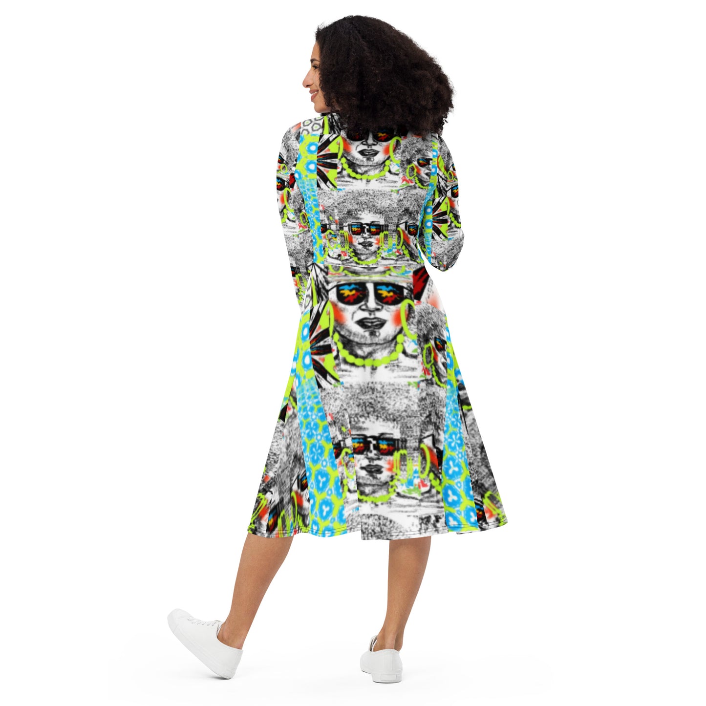 All-over print long sleeve midi dress