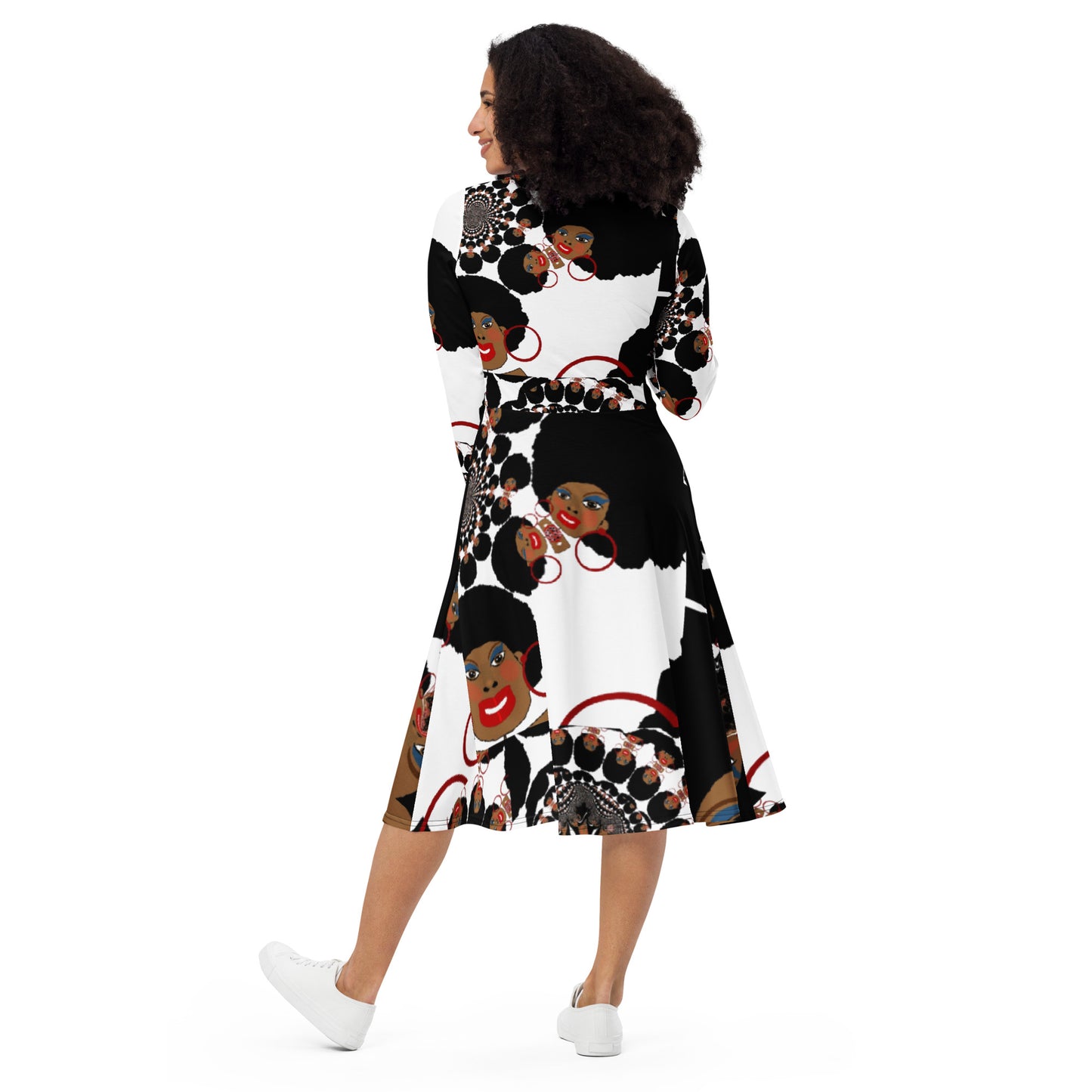 All-over print long sleeve midi dress