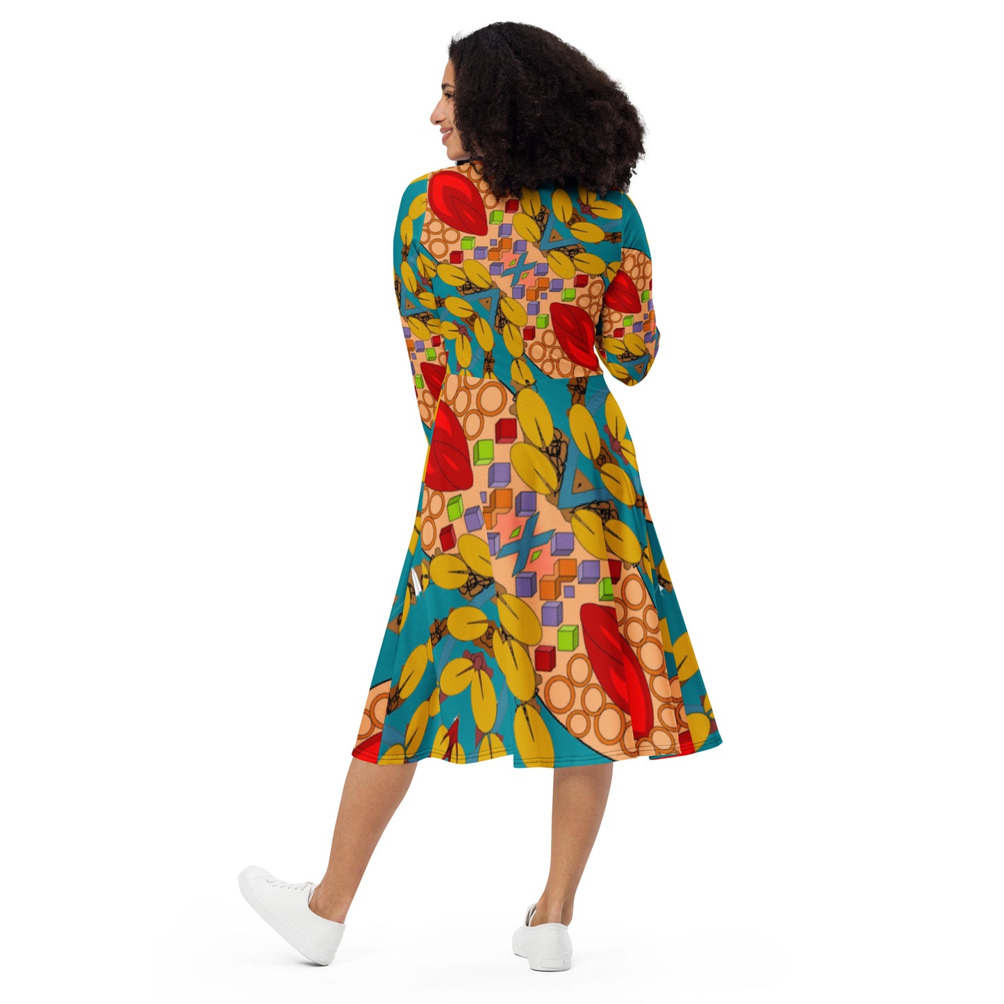 All-over print long sleeve midi dress
