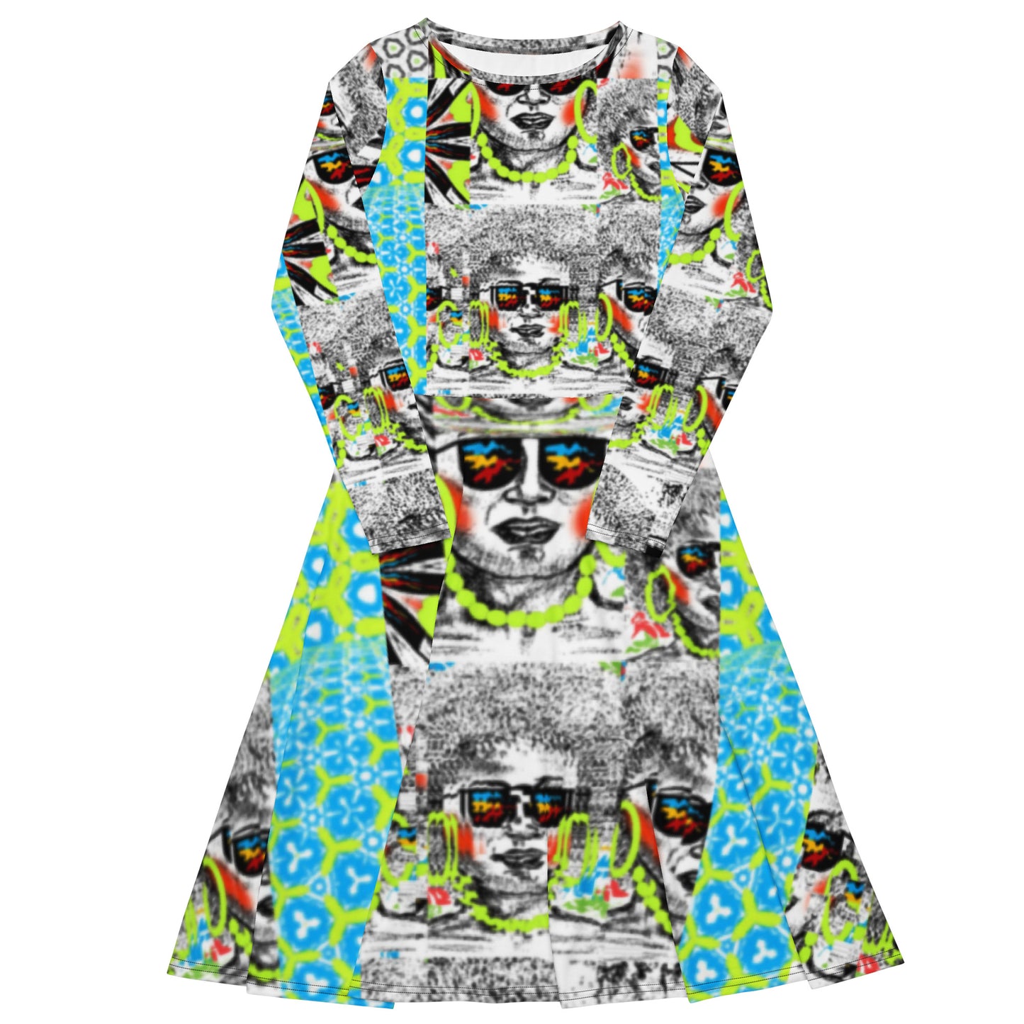 All-over print long sleeve midi dress