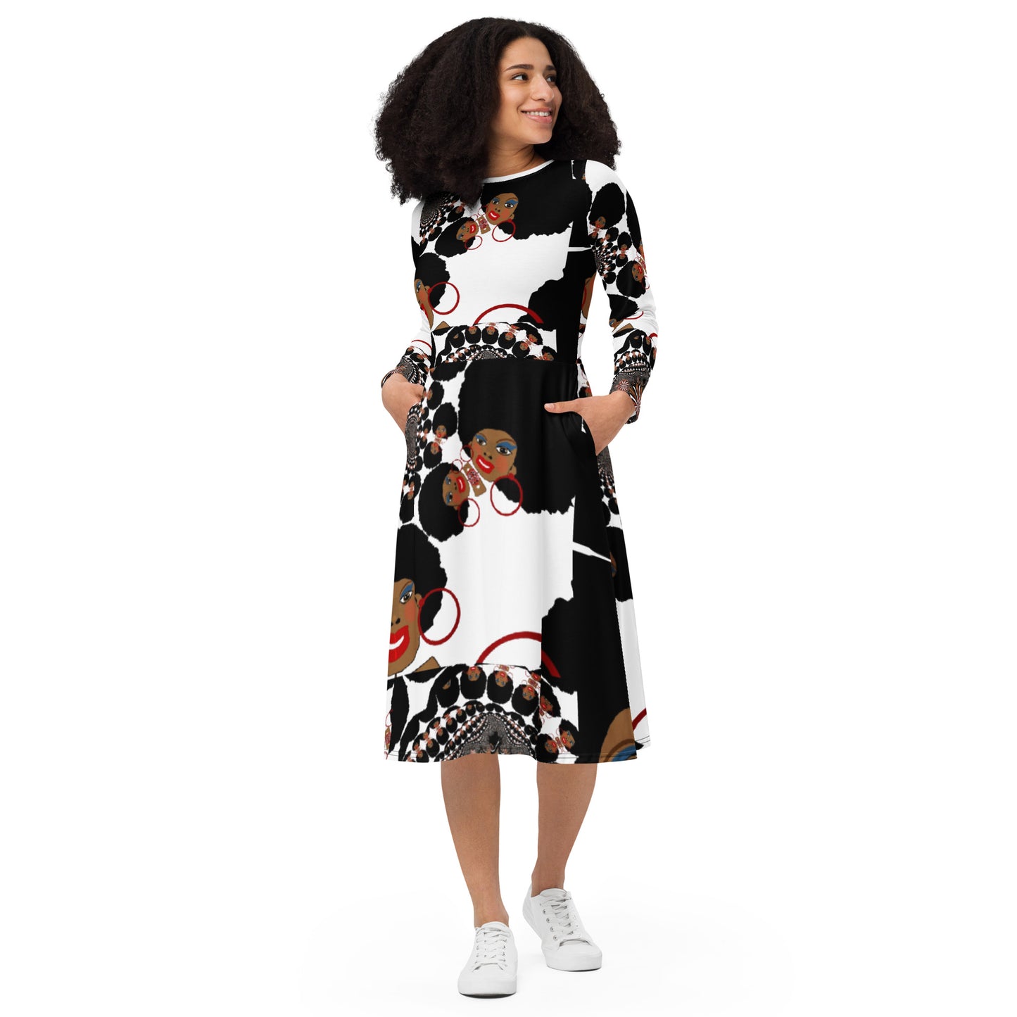 All-over print long sleeve midi dress