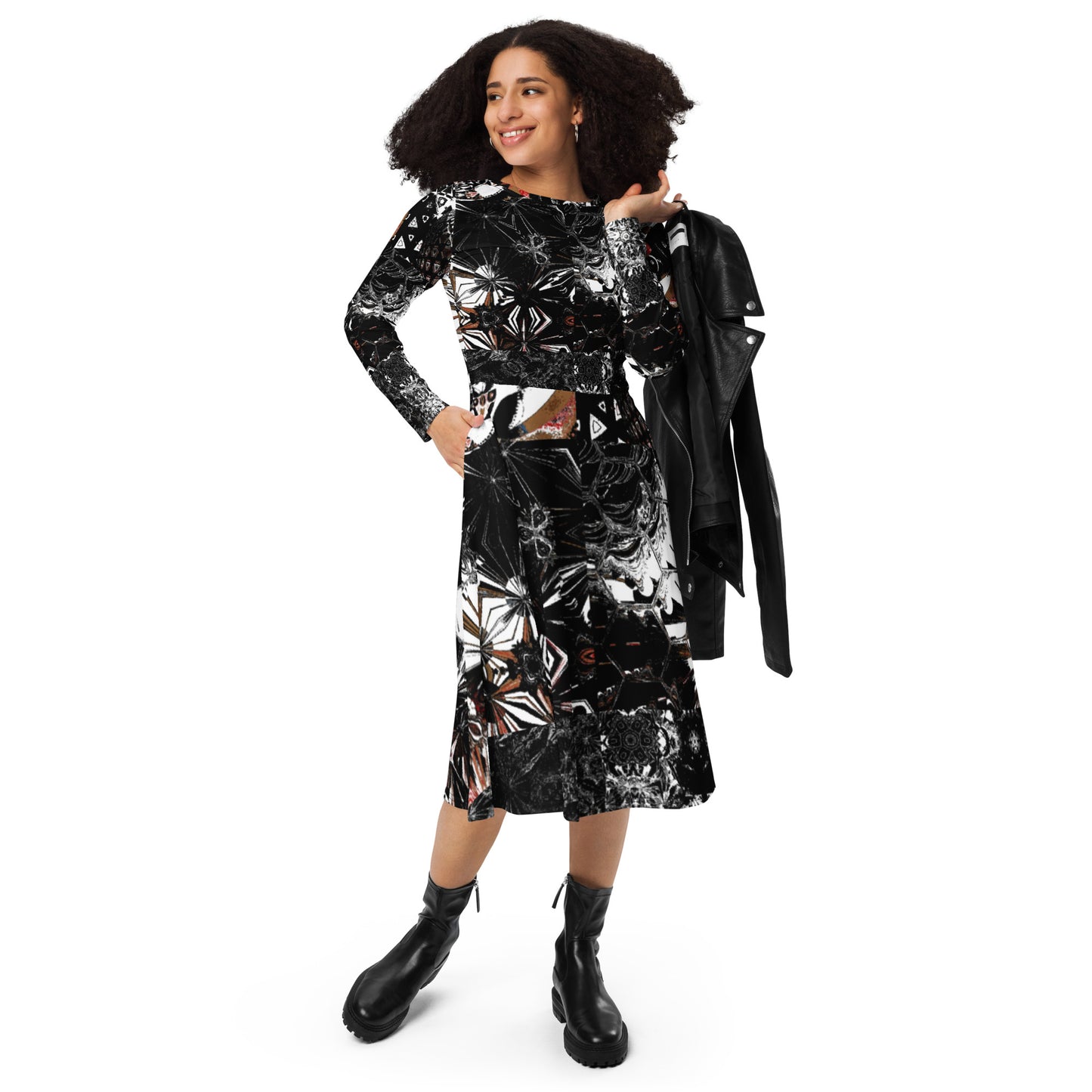 All-over print long sleeve midi dress