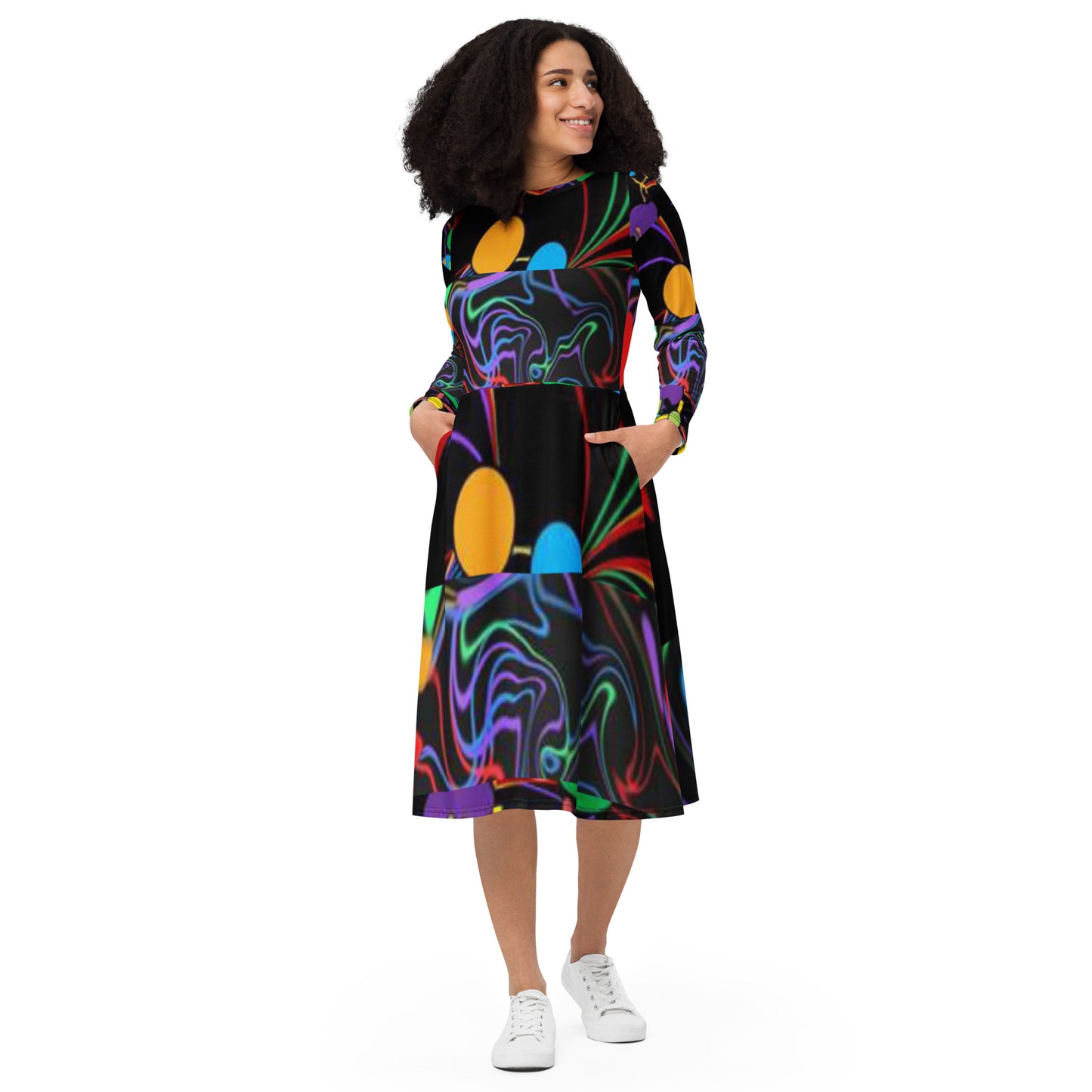 All-over print long sleeve midi dress