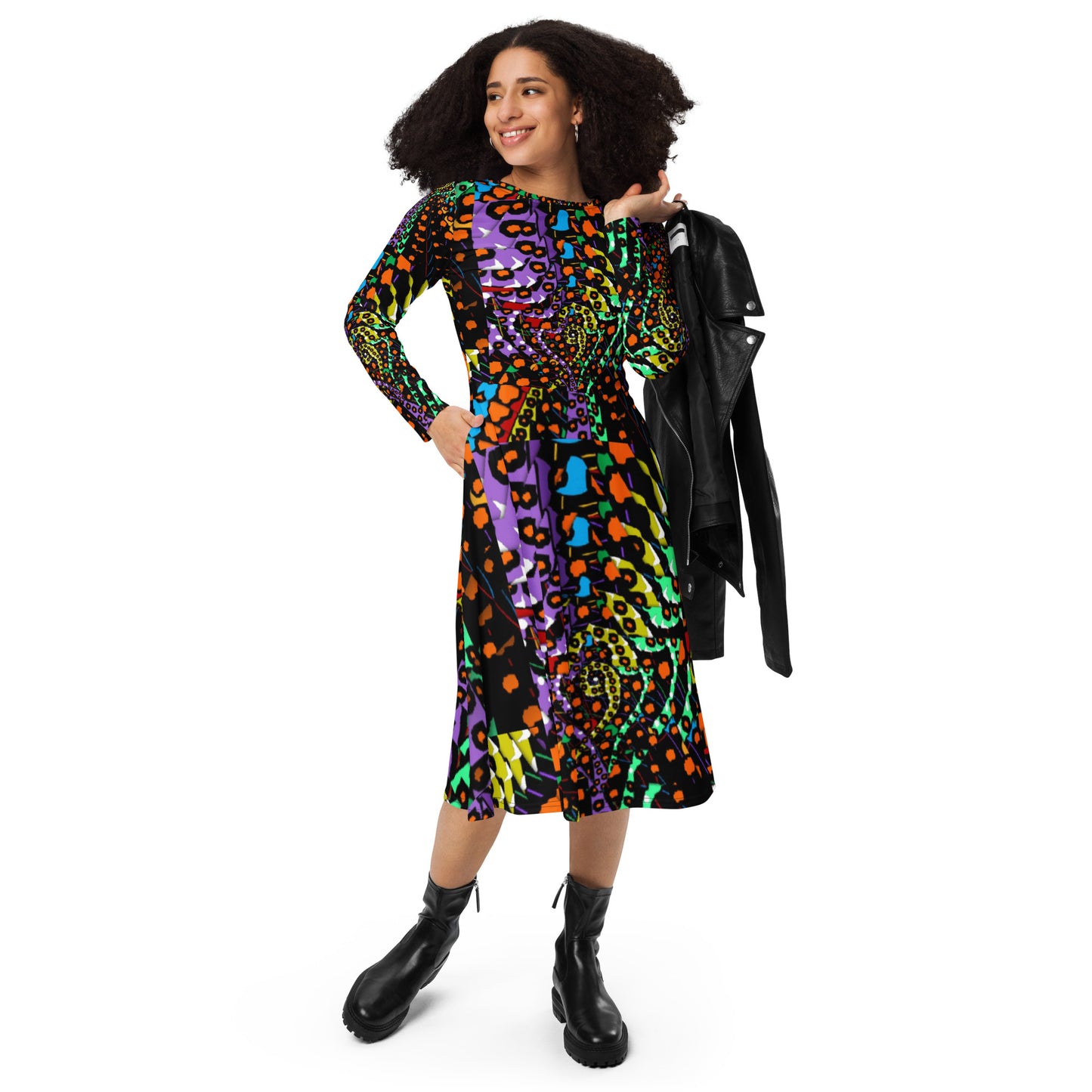 All-over print long sleeve midi dress