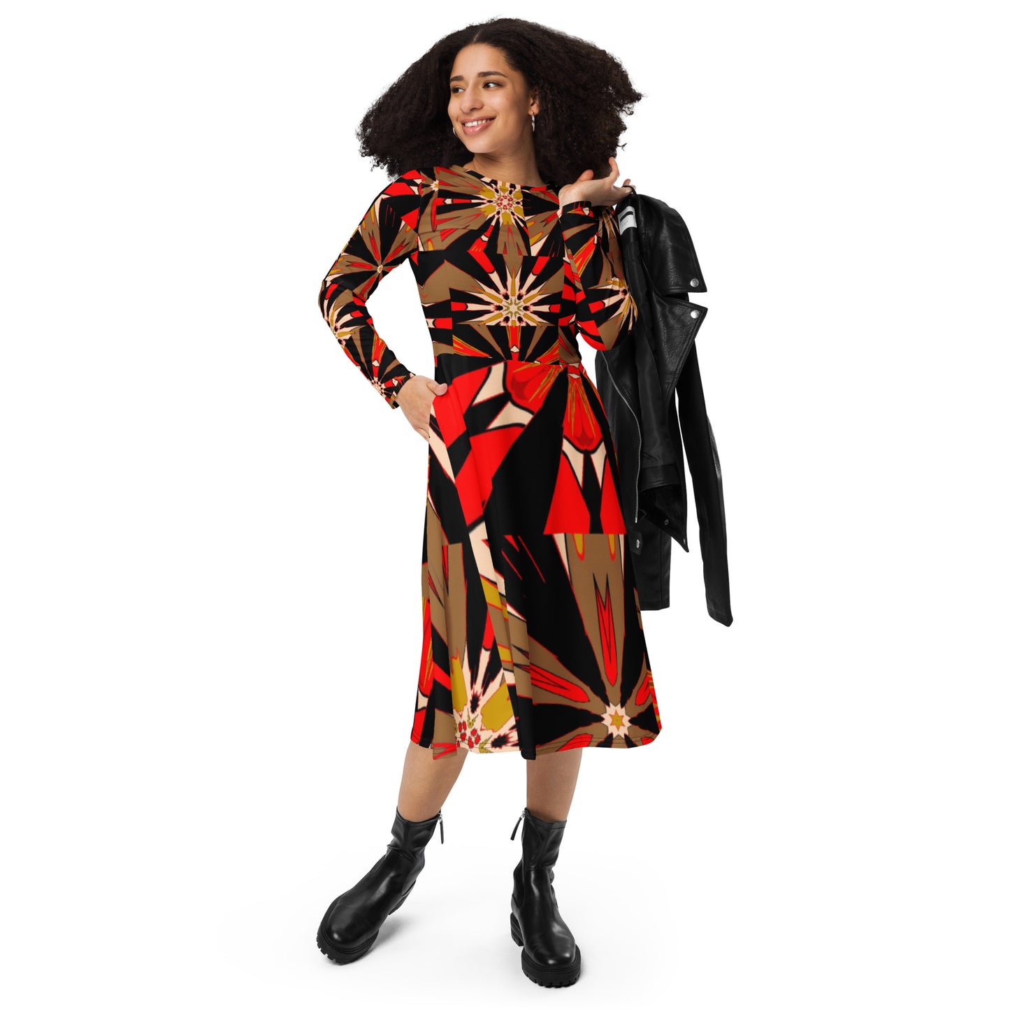 All-over print long sleeve midi dress