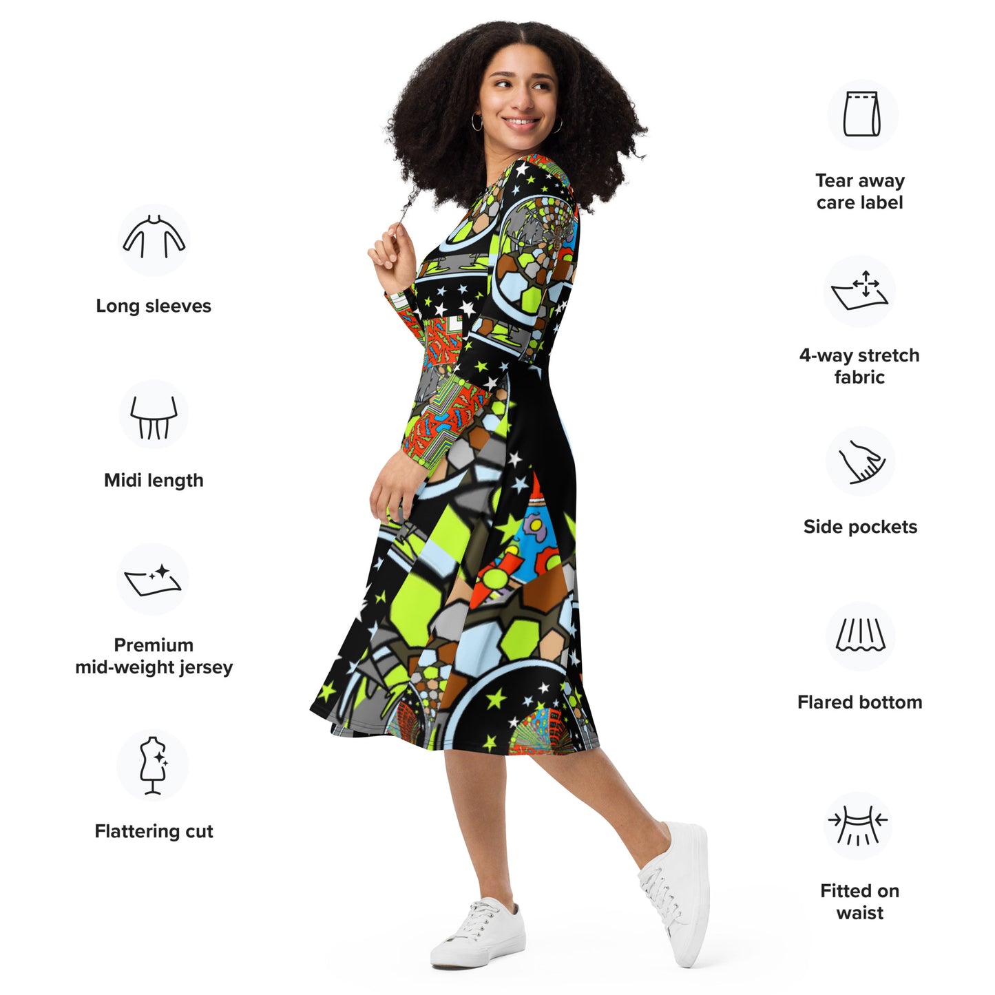 All-over print long sleeve midi dress