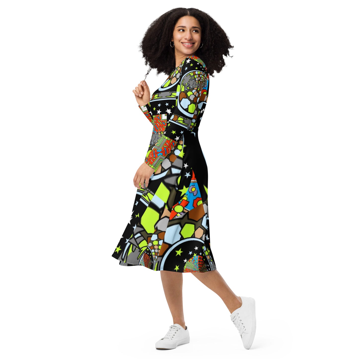 All-over print long sleeve midi dress