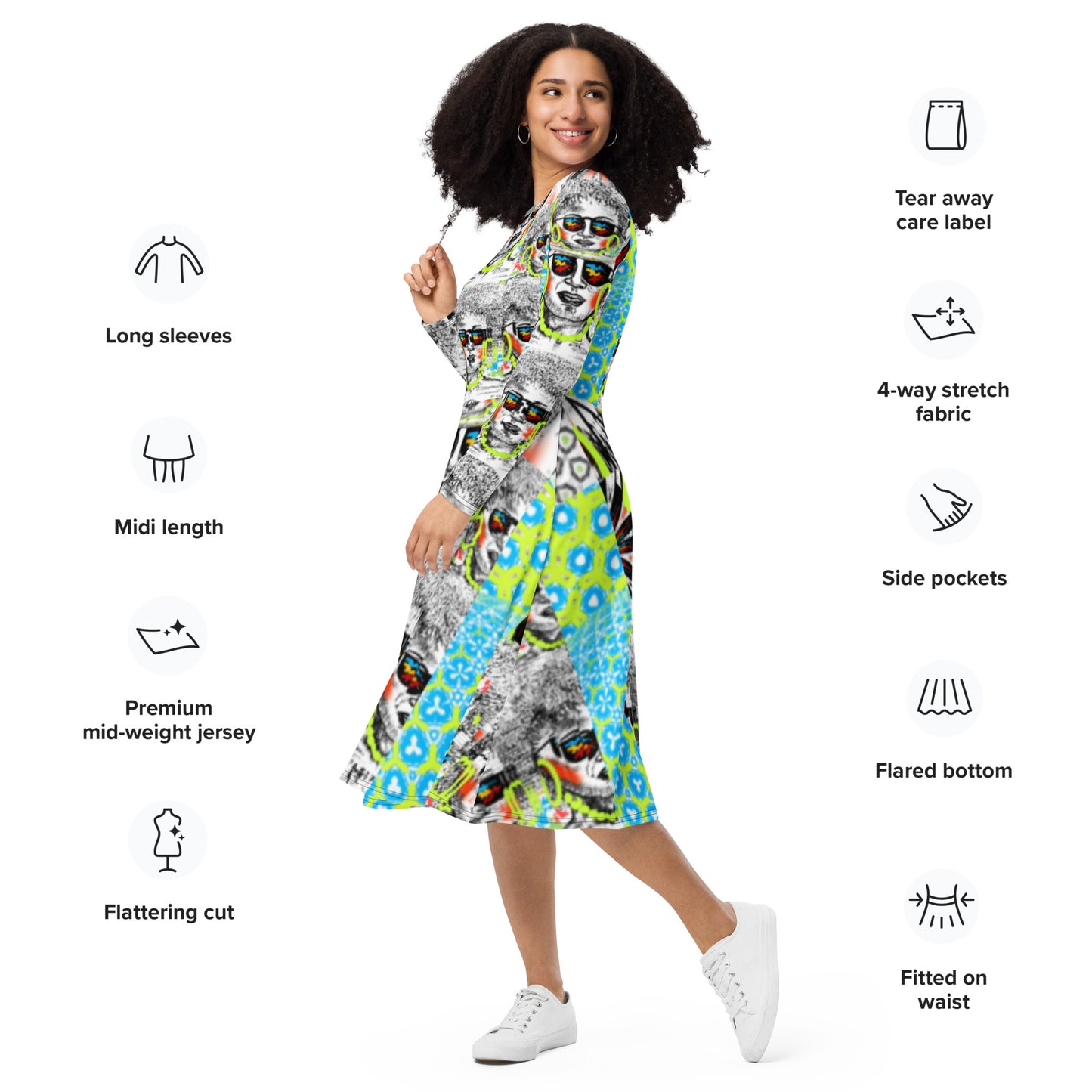 All-over print long sleeve midi dress