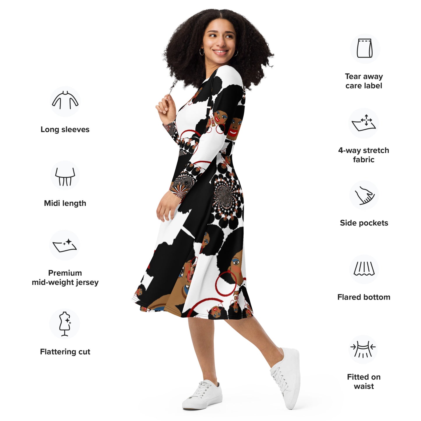 All-over print long sleeve midi dress