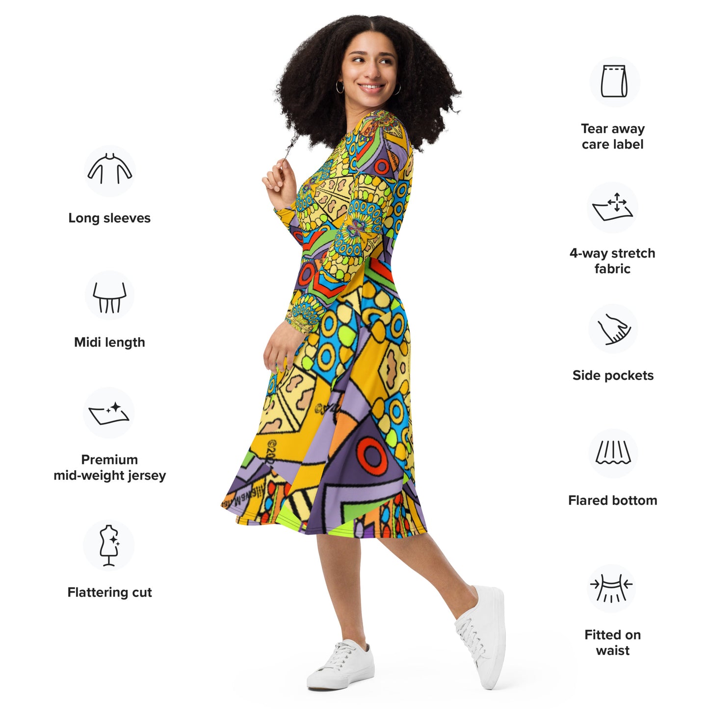 All-over print long sleeve midi dress