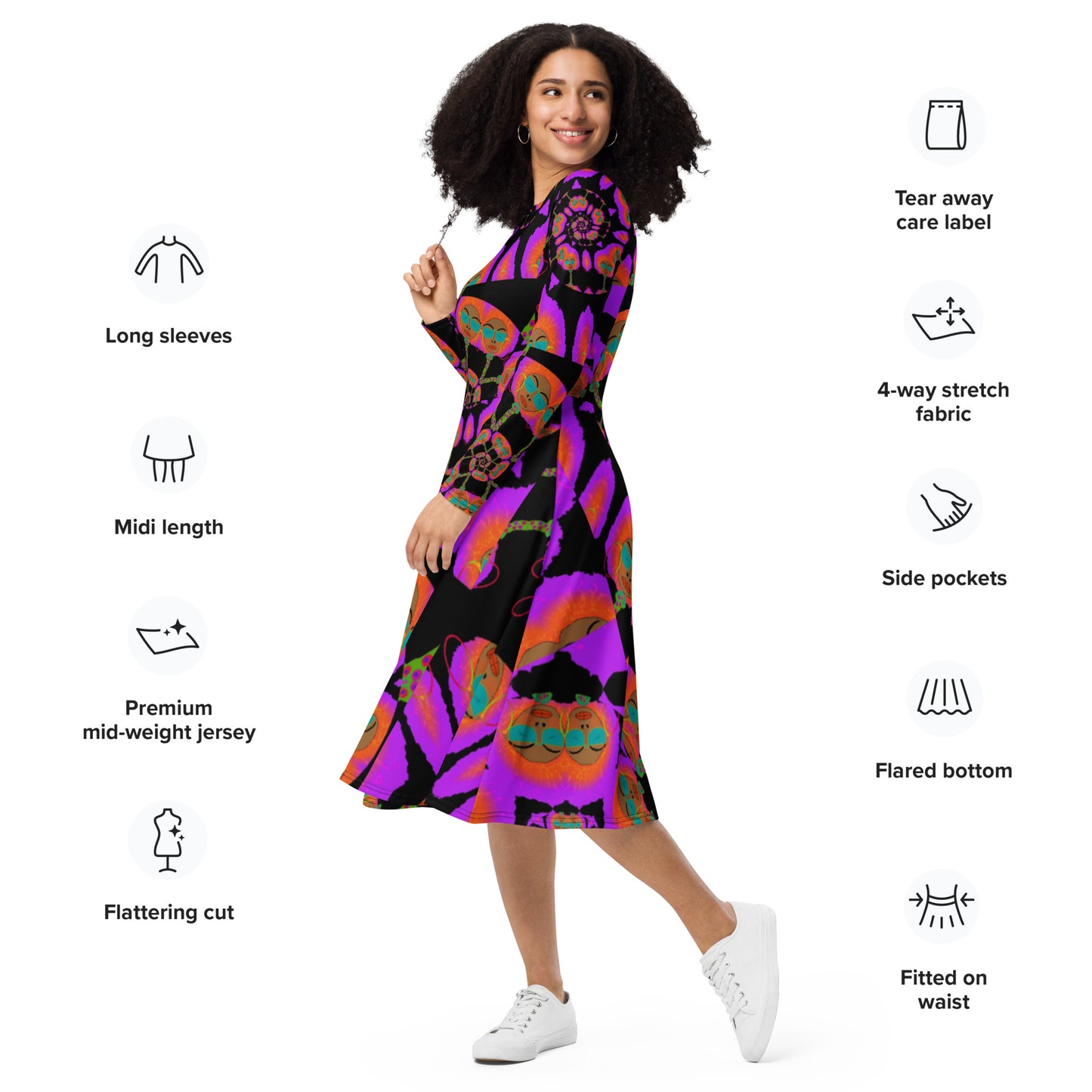 All-over print long sleeve midi dress