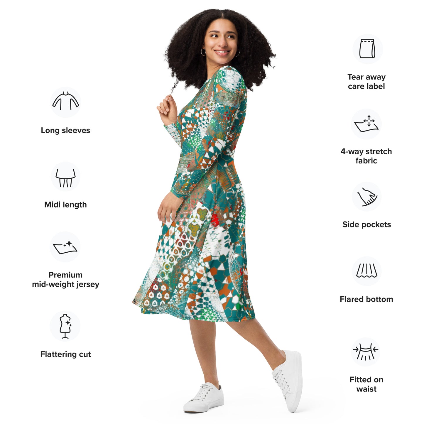 All-over print long sleeve midi dress