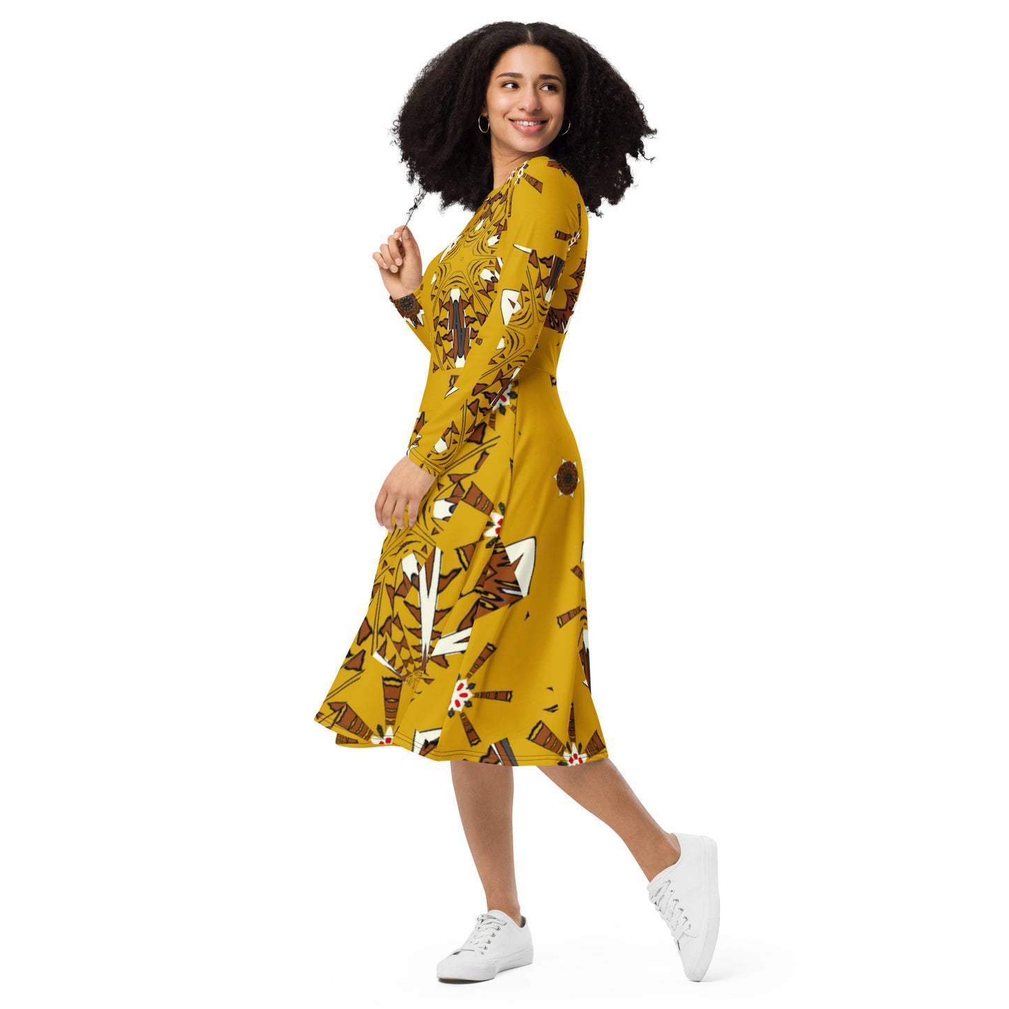 All-over print long sleeve midi dress