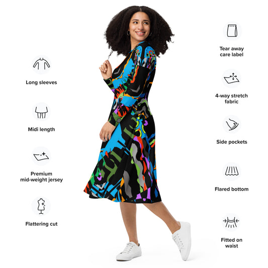 All-over print long sleeve midi dress