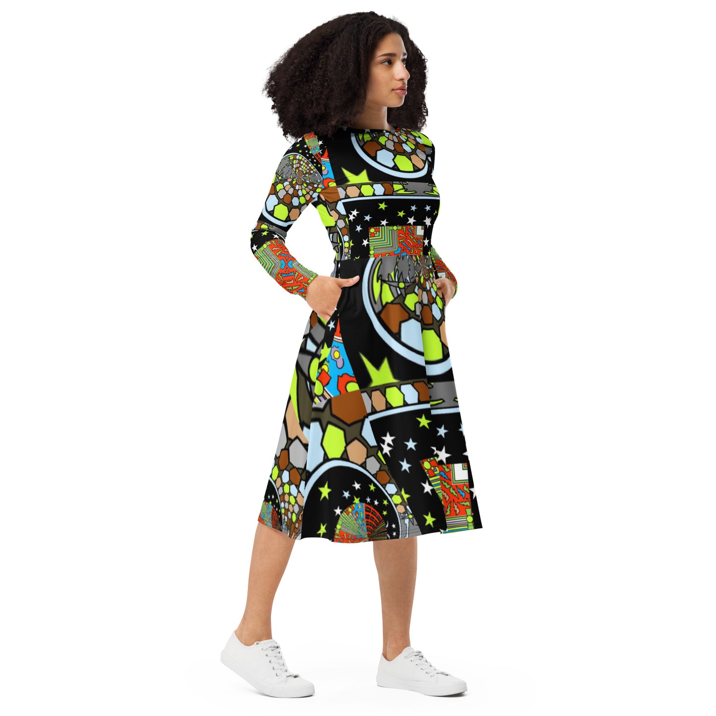All-over print long sleeve midi dress