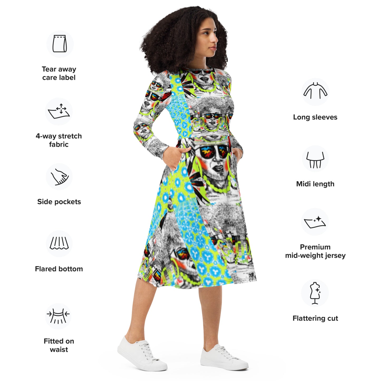 All-over print long sleeve midi dress