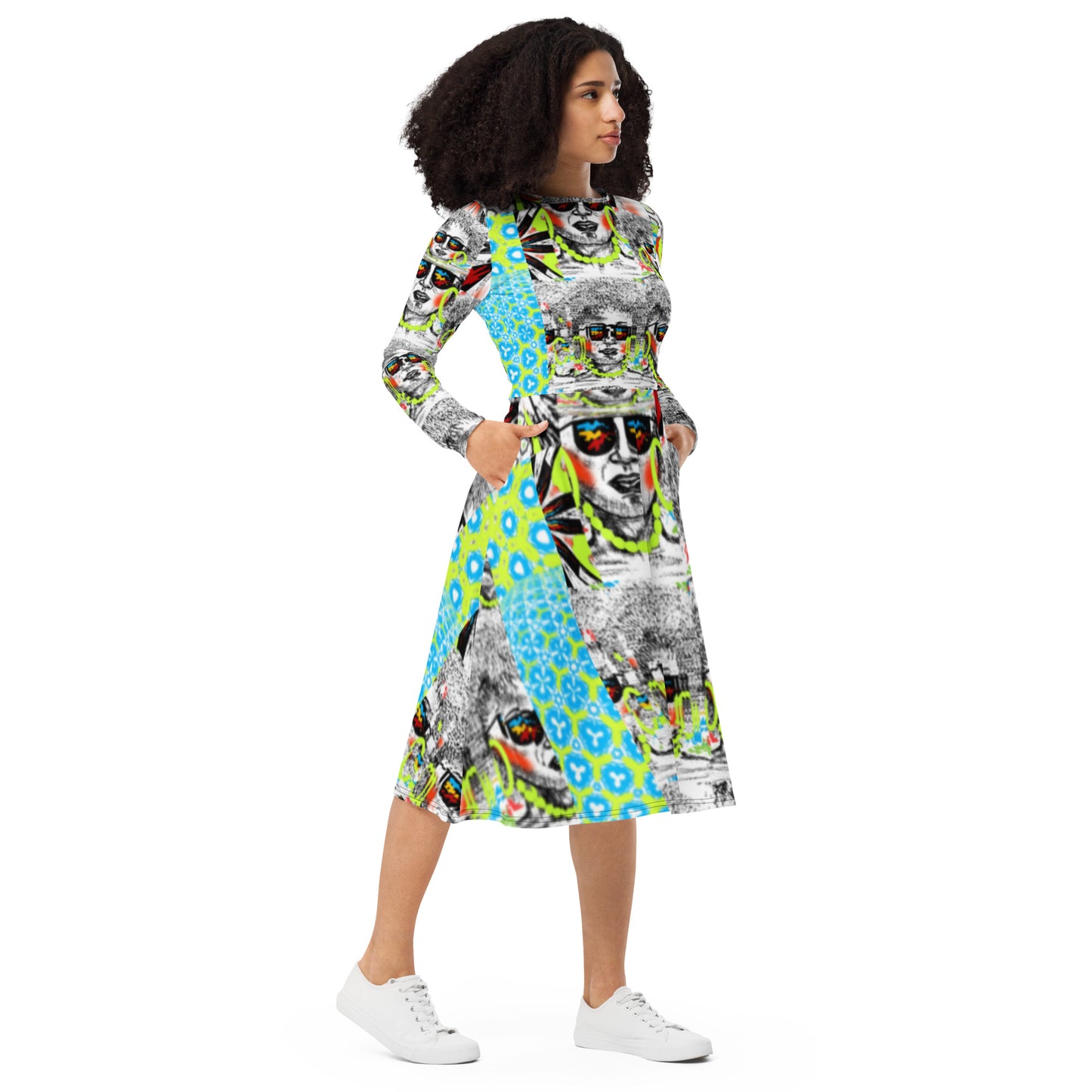 All-over print long sleeve midi dress