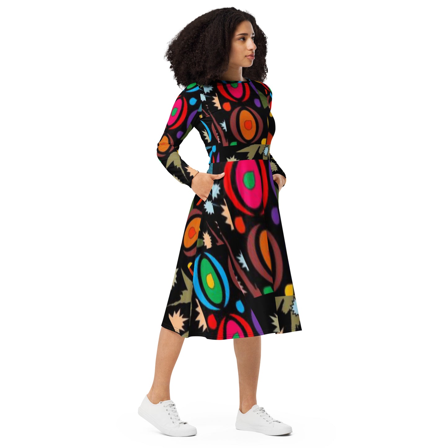 All-over print long sleeve midi dress