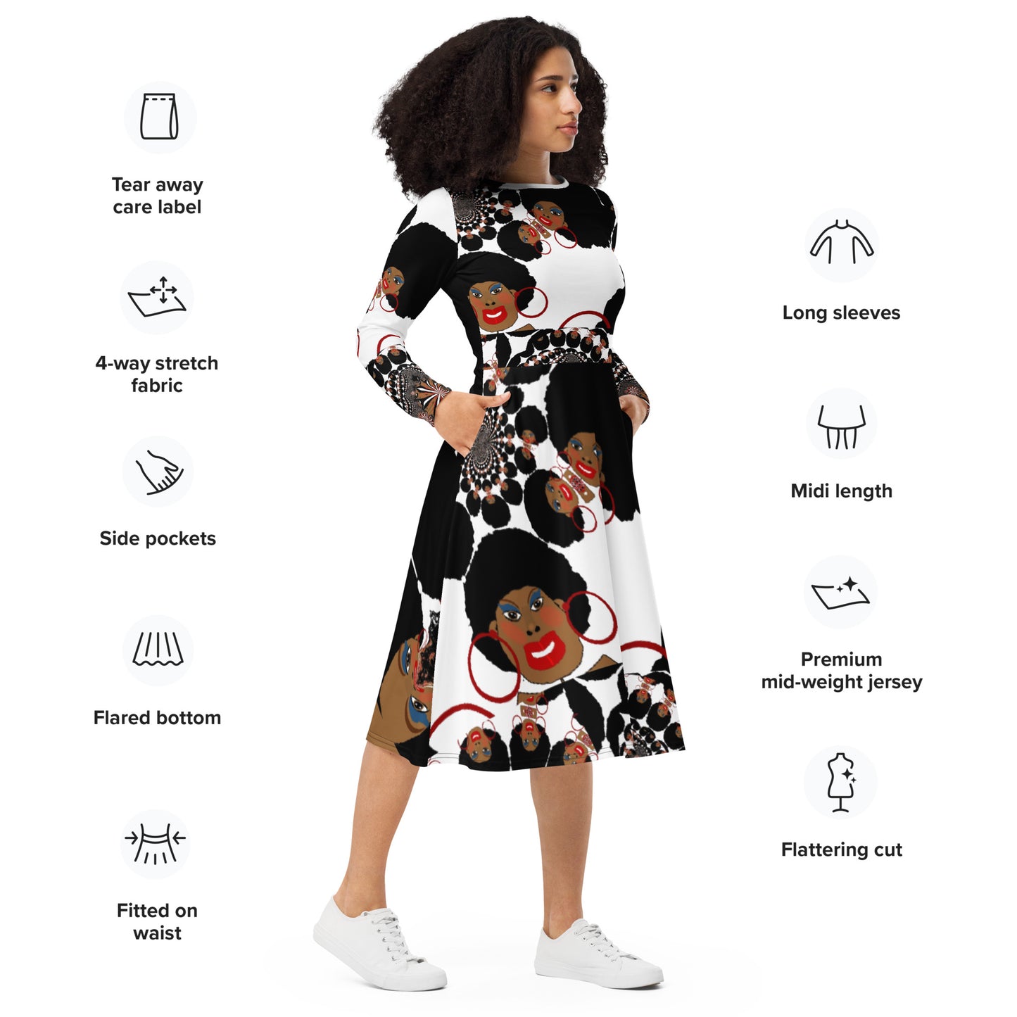 All-over print long sleeve midi dress