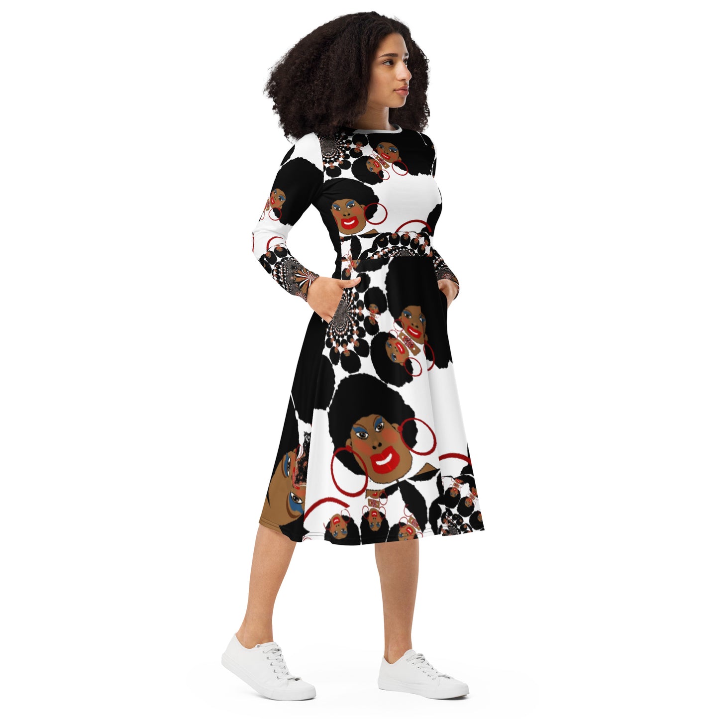 All-over print long sleeve midi dress