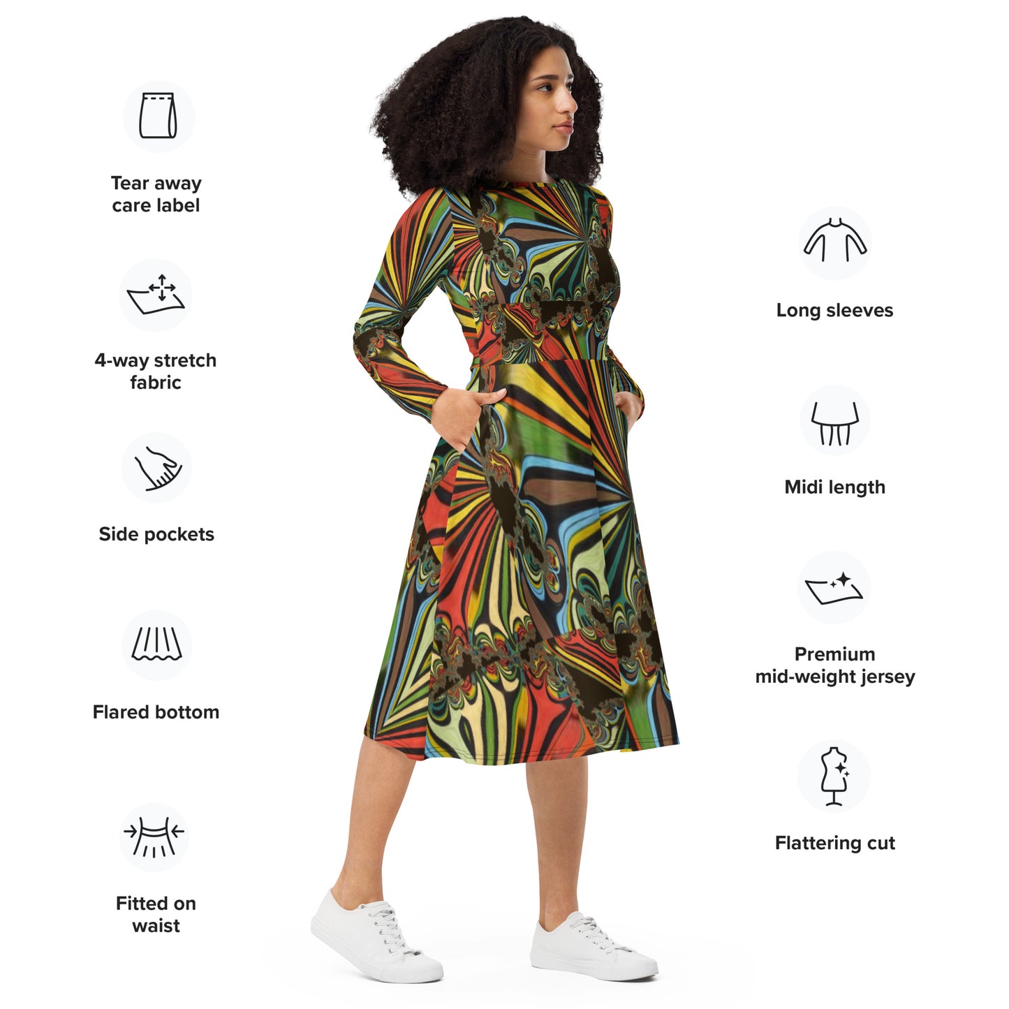 All-over print long sleeve midi dress