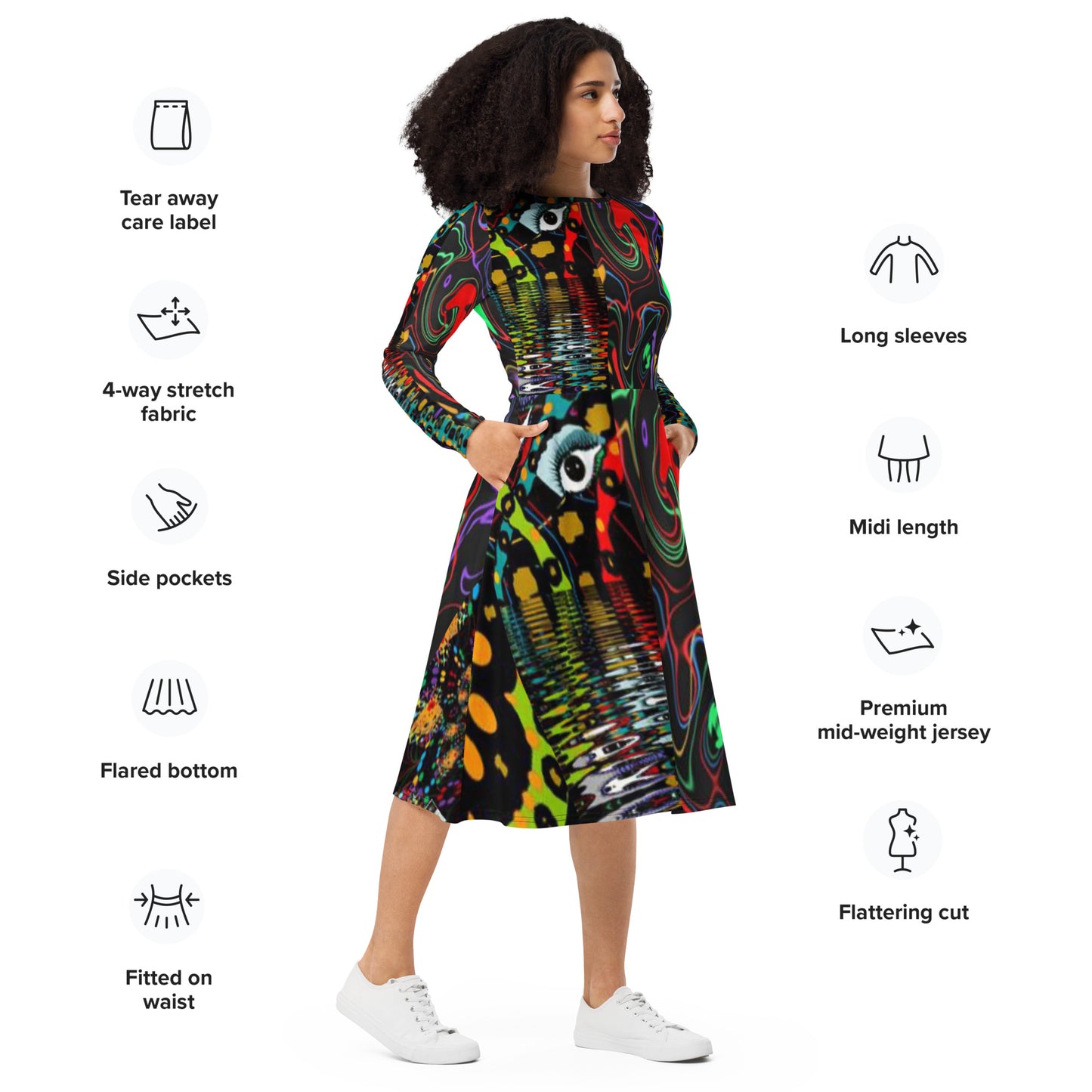 All-over print long sleeve midi dress